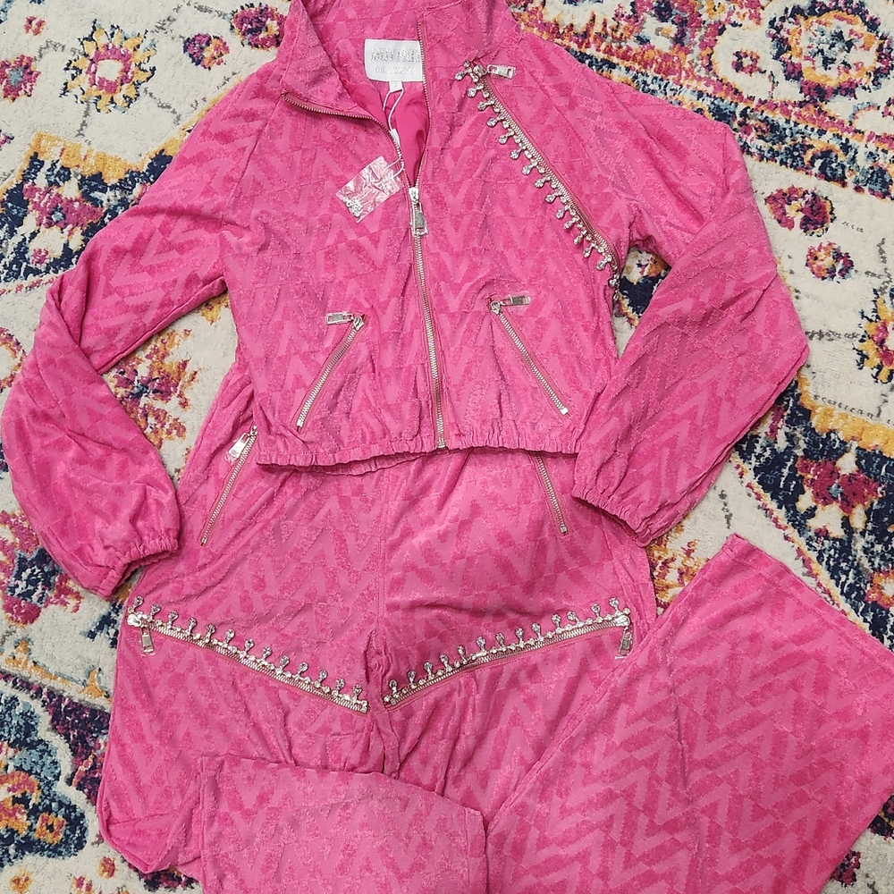 2pc Muy Muy Pink Zip-Up Tracksuit with Zigzag Pattern Luxury Rhinestone Trendy